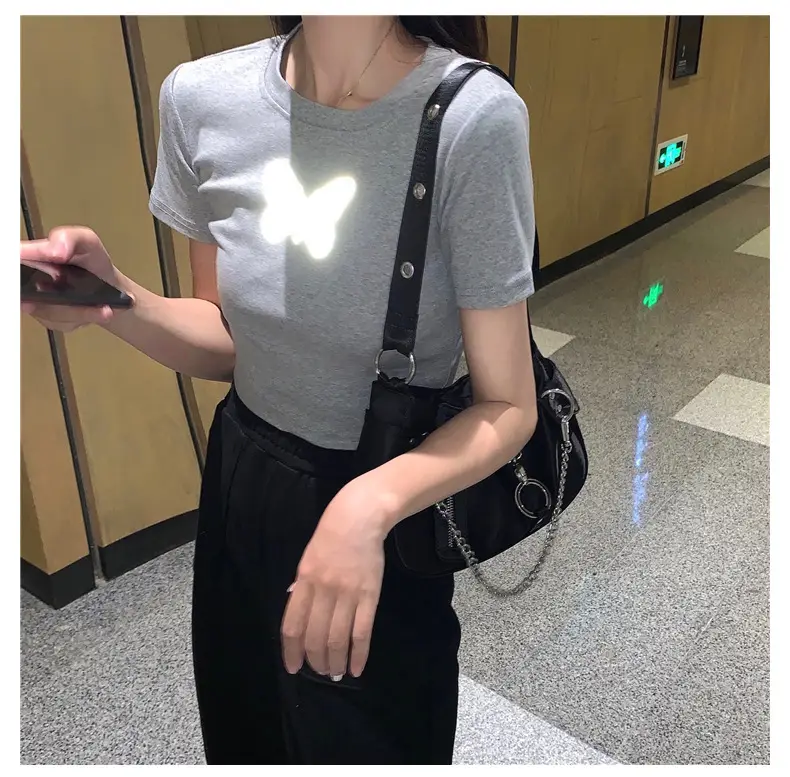 Women Reflective Butterfly Short Sleeve T-Shirt Cropped Black Base — feature 14