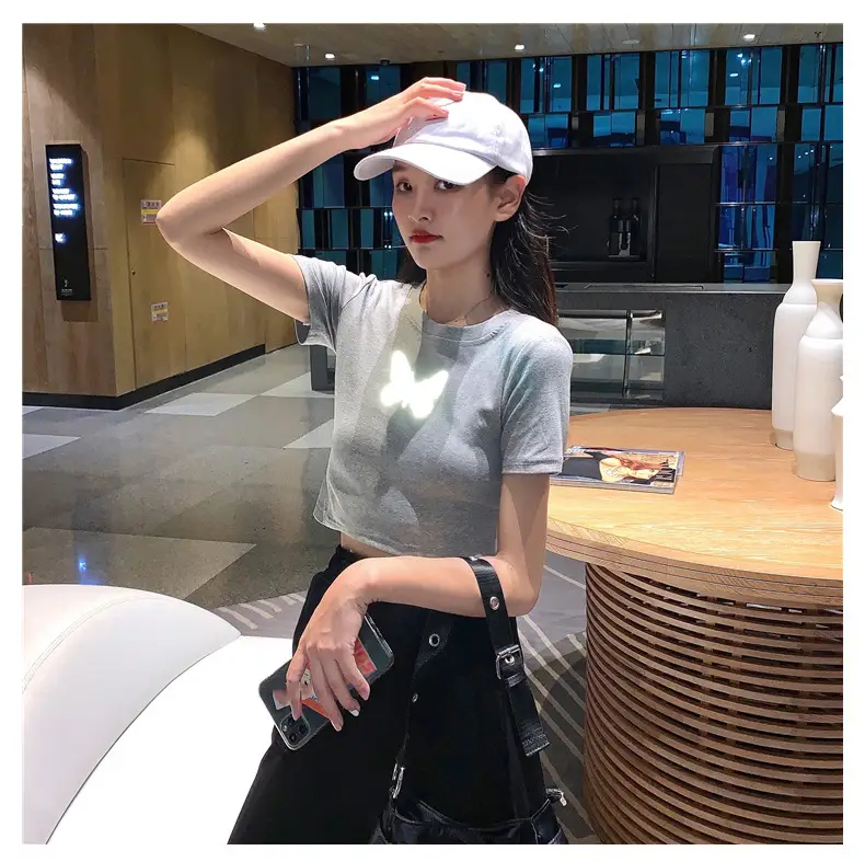 Women Reflective Butterfly Short Sleeve T-Shirt Cropped Black Base — feature 15