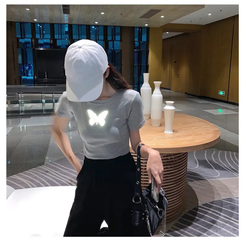 Women Reflective Butterfly Short Sleeve T-Shirt Cropped Black Base — feature 16