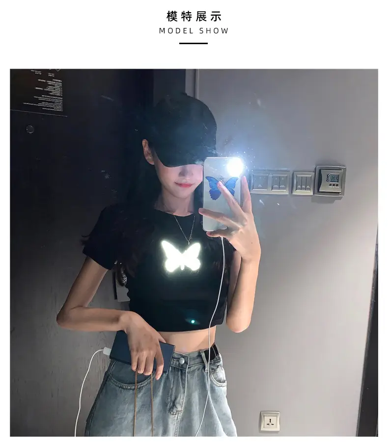 Women Reflective Butterfly Short Sleeve T-Shirt Cropped Black Base — feature 3
