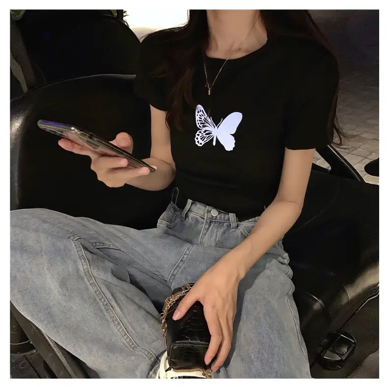 Women Reflective Butterfly Short Sleeve T-Shirt Cropped Black Base — feature 6