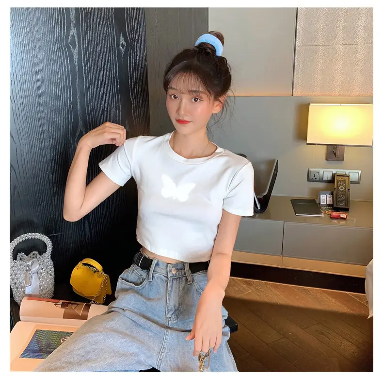 Women Reflective Butterfly Short Sleeve T-Shirt Cropped Black Base — feature 9