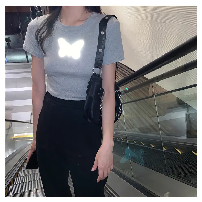 Women Reflective Butterfly Short Sleeve T-Shirt Cropped Black Base - Image 2