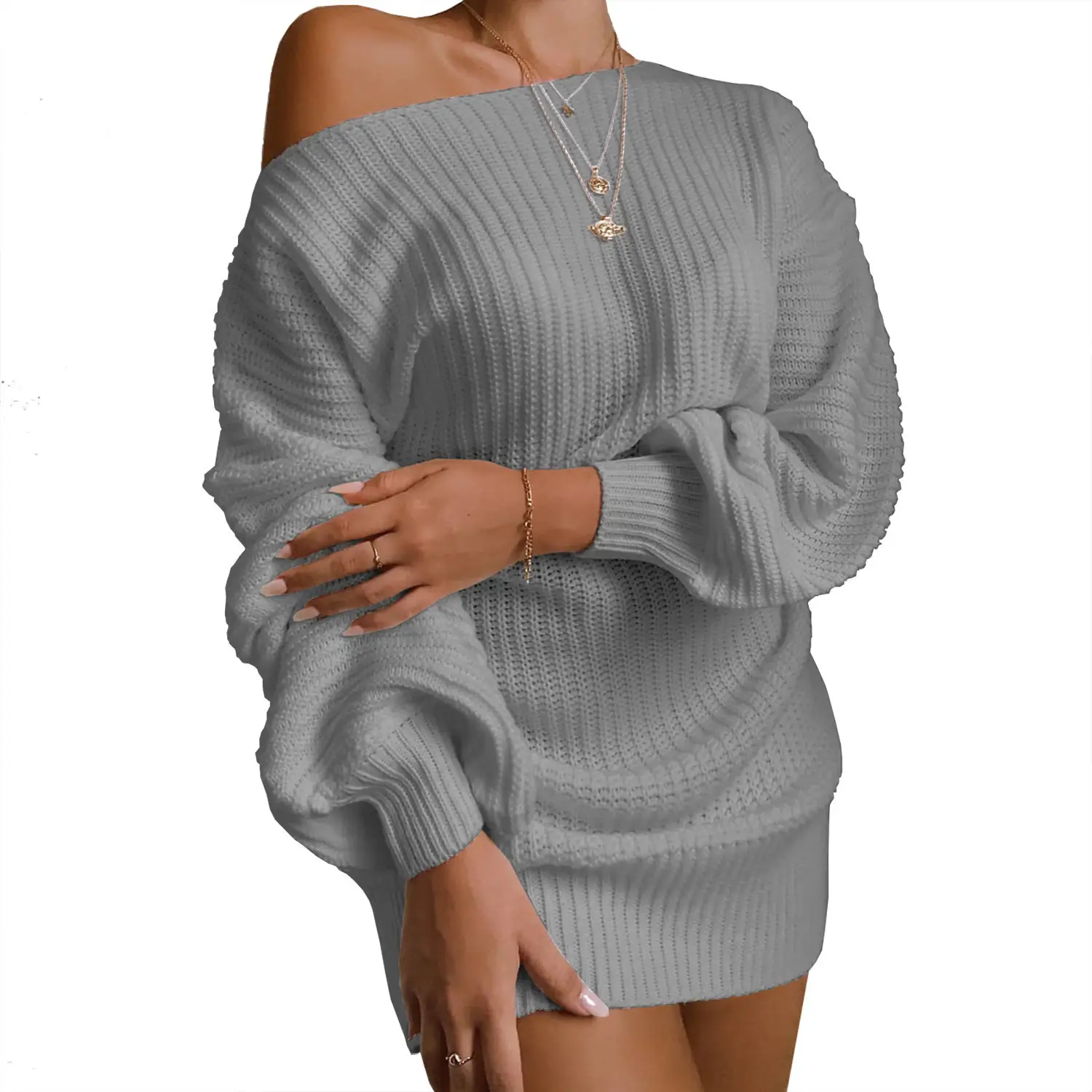 2025 Knitted Off-Shoulder Sweater Dress White Pink Blue - Image 10