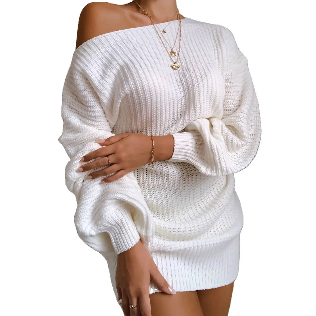 2025 Knitted Off-Shoulder Sweater Dress White Pink Blue - Image 13