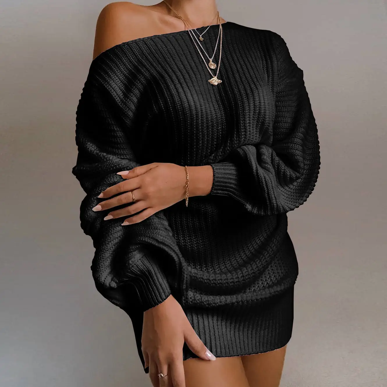 2025 Knitted Off-Shoulder Sweater Dress White Pink Blue - Image 4