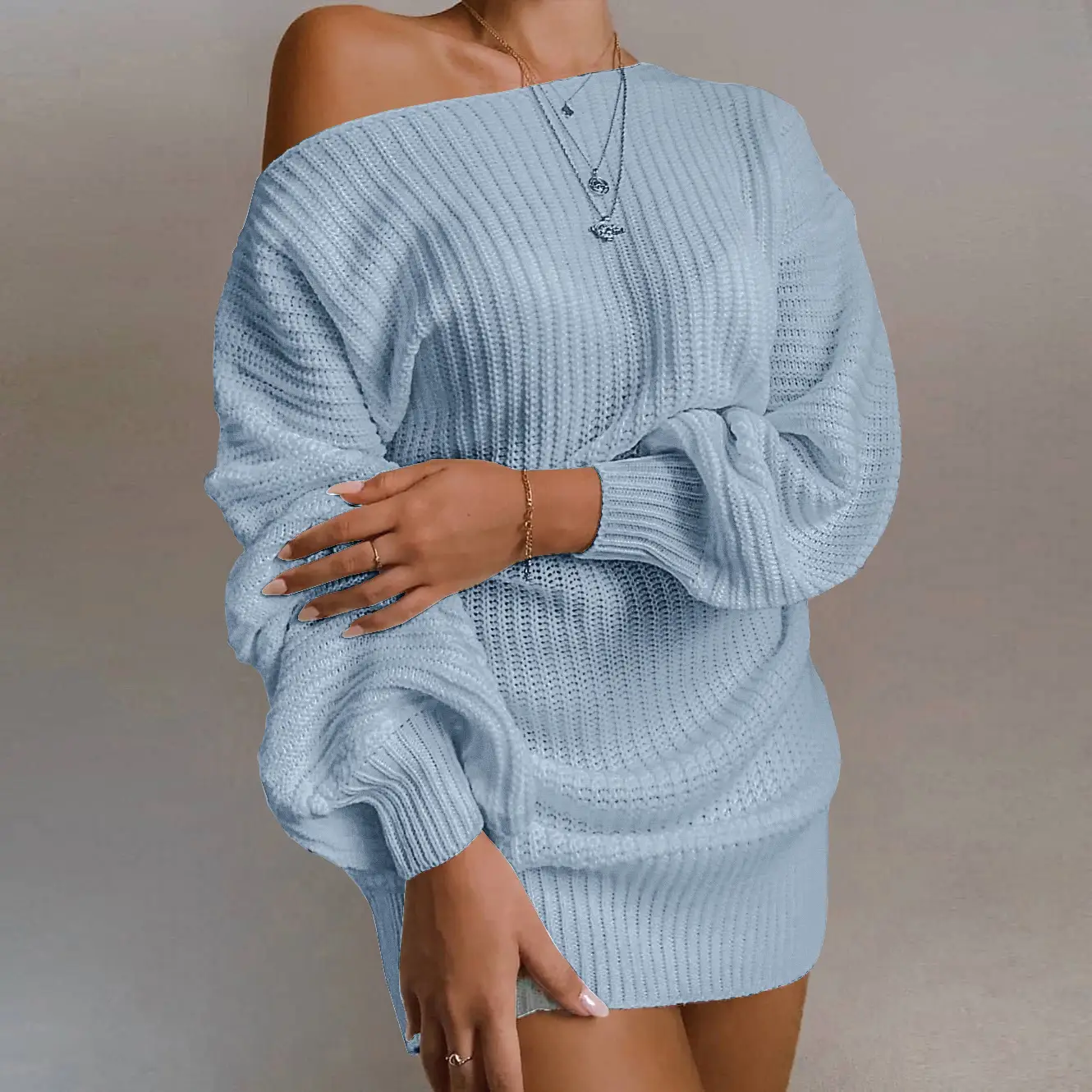 2025 Knitted Off-Shoulder Sweater Dress White Pink Blue - Image 5