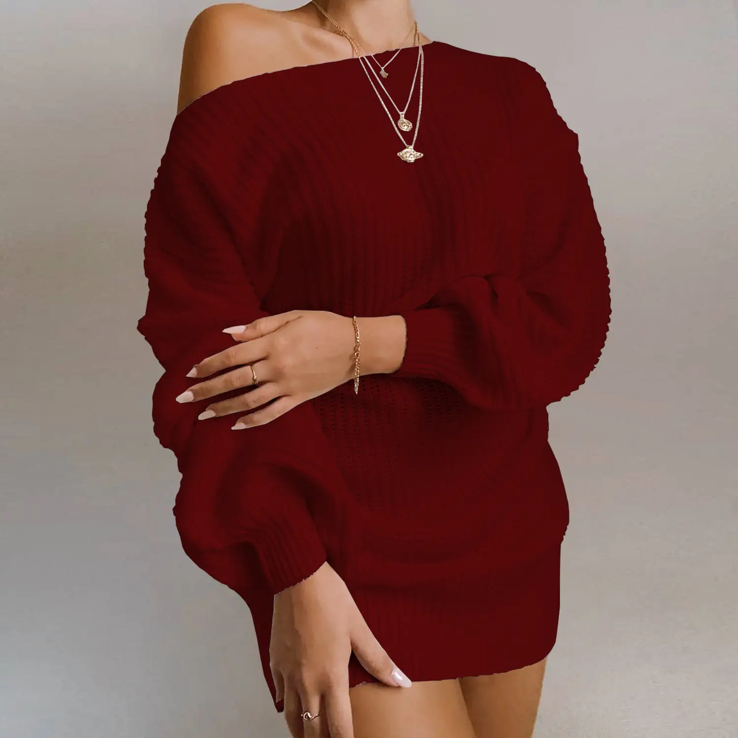 2025 Knitted Off-Shoulder Sweater Dress White Pink Blue - Image 6