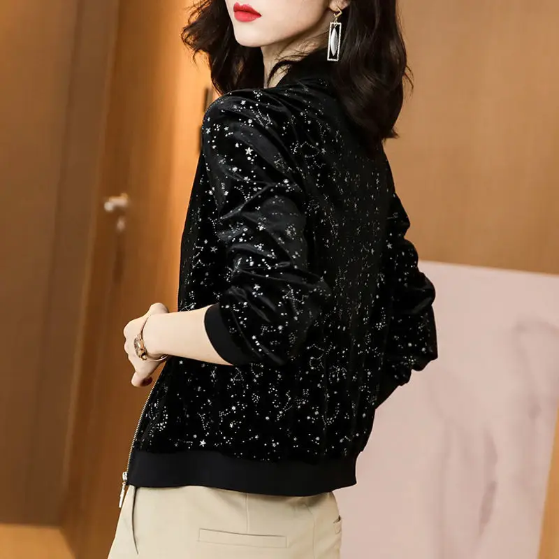 Women's Black Sequin Bomber Jacket Spring Autumn Korean Style - Image 3