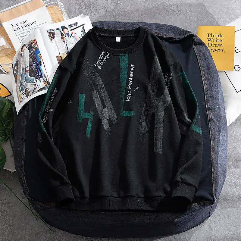 Men's Black Printed Sweatshirt Long Sleeve Korean Fashion - Image 3