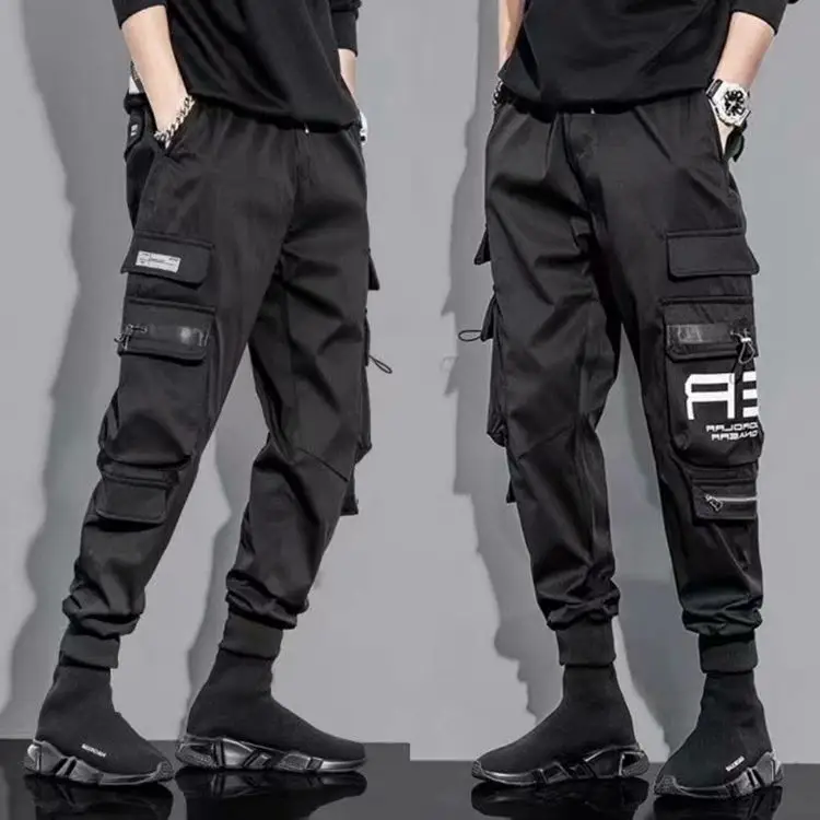 Men Black Multi-Pocket Hip Hop Pants with Fila Logo