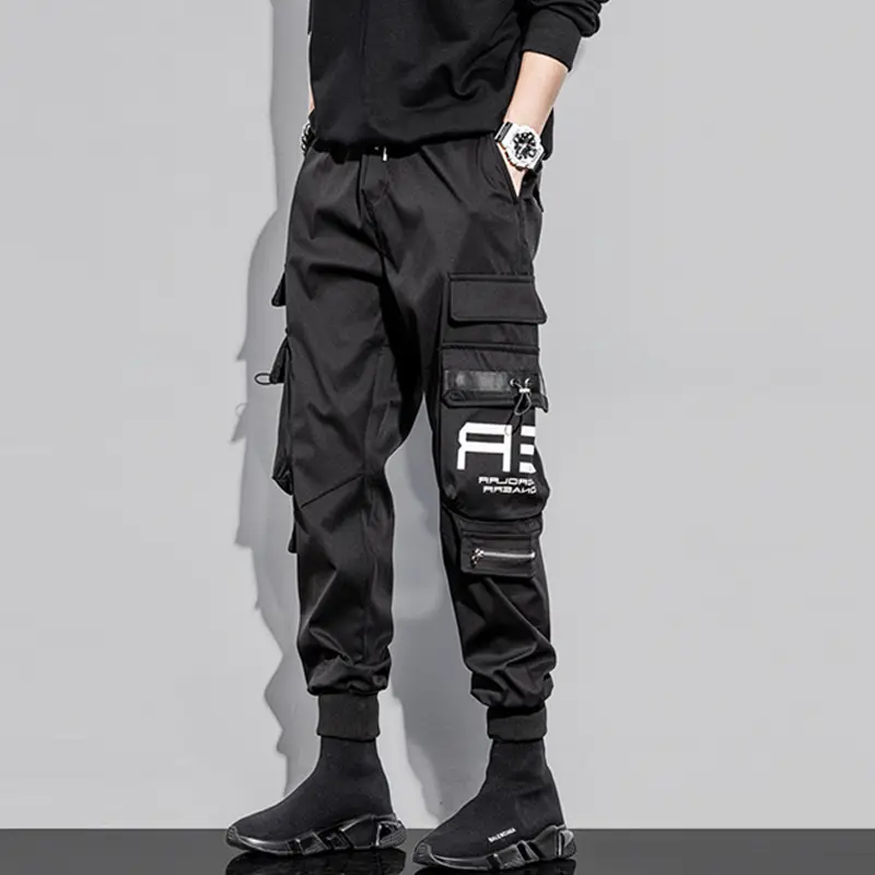 Men Black Multi-Pocket Hip Hop Pants with Fila Logo
