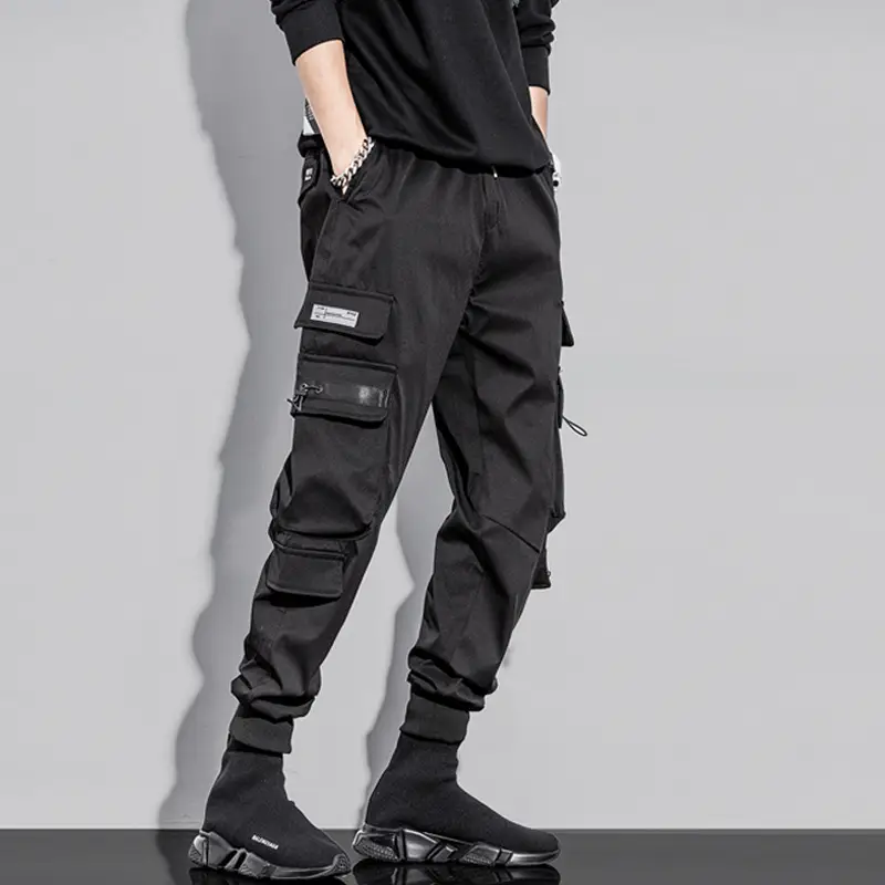Men Black Multi-Pocket Hip Hop Pants with Fila Logo