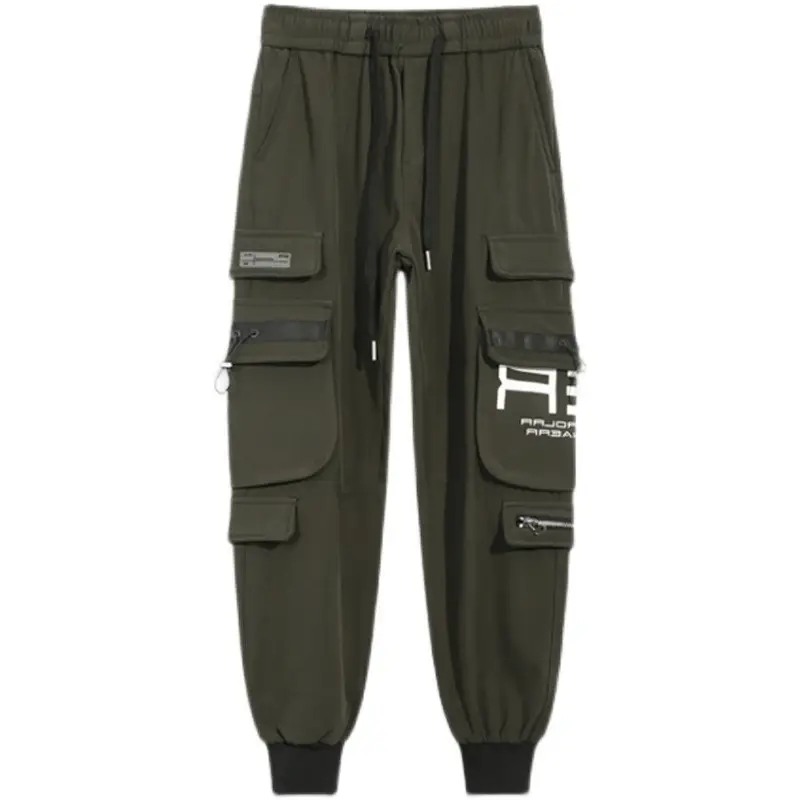 Men Black Multi-Pocket Hip Hop Pants with Fila Logo