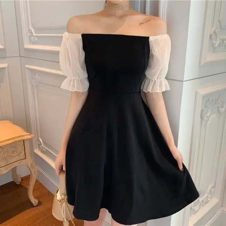 Black French Dress Square Collar Puff Sleeve Skirt - Image 6