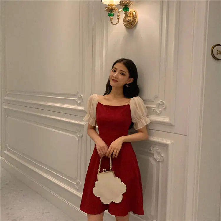 Black French Dress Square Collar Puff Sleeve Skirt — feature 12