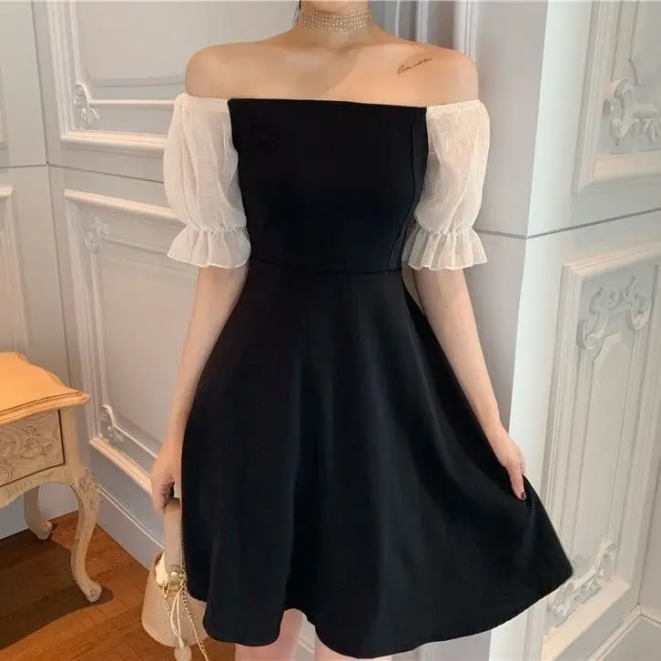 Black French Dress Square Collar Puff Sleeve Skirt — feature 17