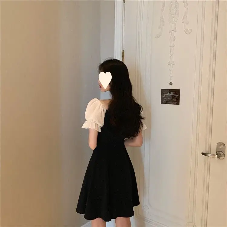 Black French Dress Square Collar Puff Sleeve Skirt — feature 6