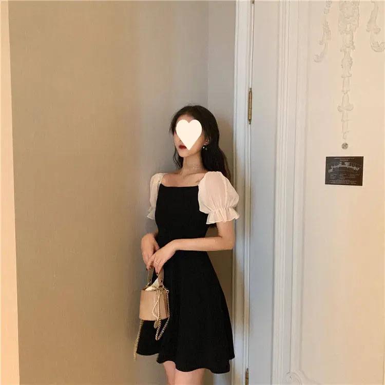Black French Dress Square Collar Puff Sleeve Skirt — feature 7