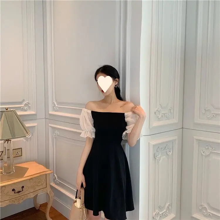 Black French Dress Square Collar Puff Sleeve Skirt — feature 8