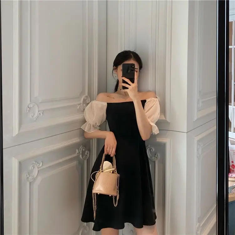 Black French Dress Square Collar Puff Sleeve Skirt — feature 9