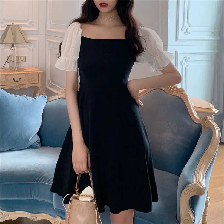 Black French Dress Square Collar Puff Sleeve Skirt - Image 2
