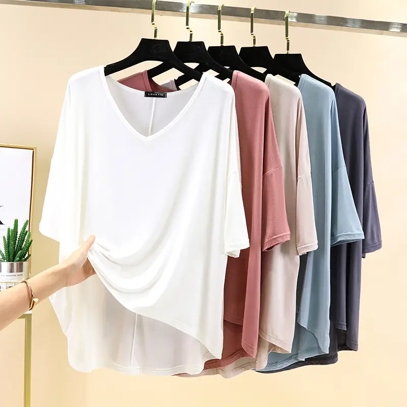 Women's V-Neck Half Sleeve T-Shirt Modal Base Plus Size - Image 11