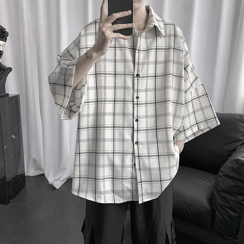 Men's Plaid Half Sleeve Shirt Korean Style Loose Fit - Image 2