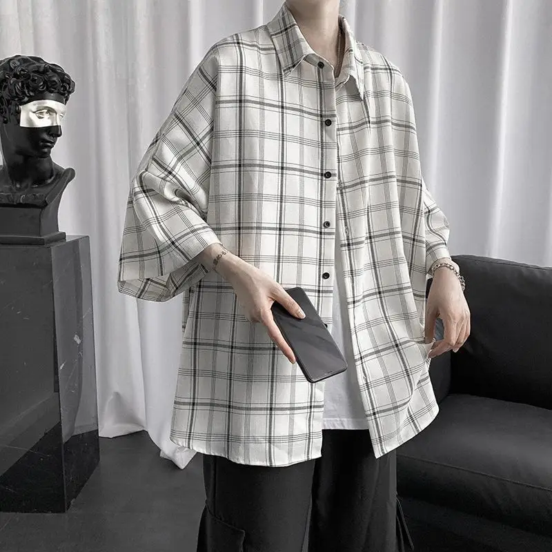 Men's Plaid Half Sleeve Shirt Korean Style Loose Fit - Image 5