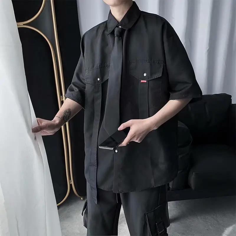 Men's Black Tie Short Sleeve Shirt Hong Kong Style - Image 3