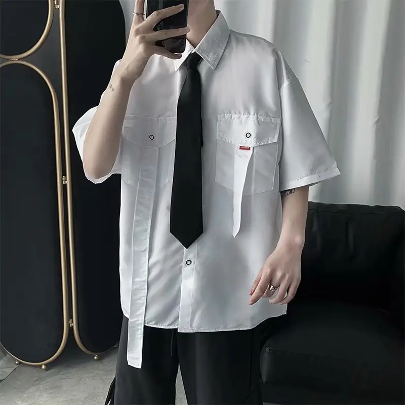 Men's Black Tie Short Sleeve Shirt Hong Kong Style - Image 2