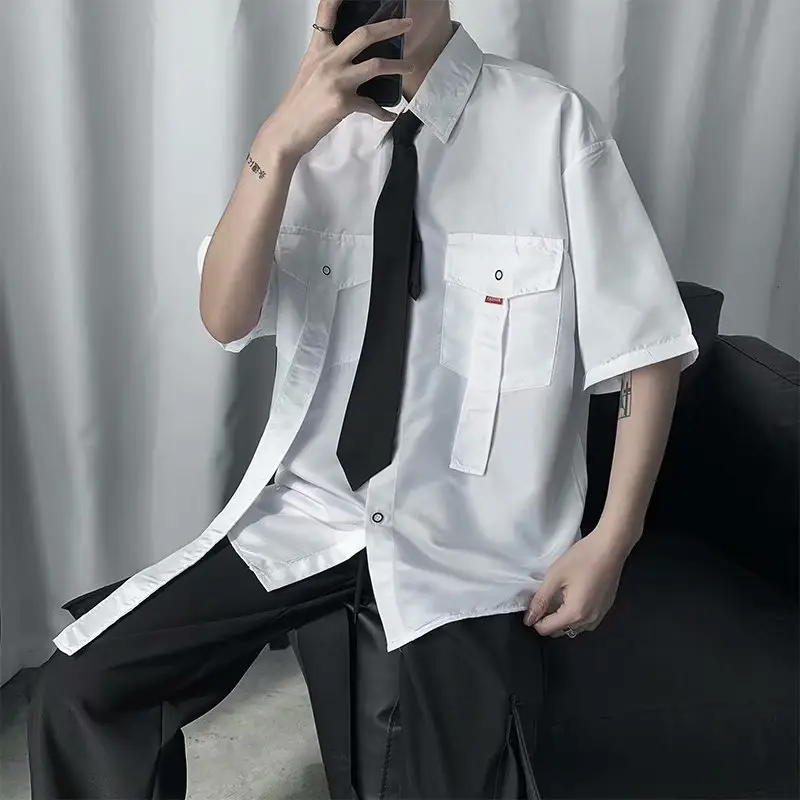 Men's Black Tie Short Sleeve Shirt Hong Kong Style - Image 4