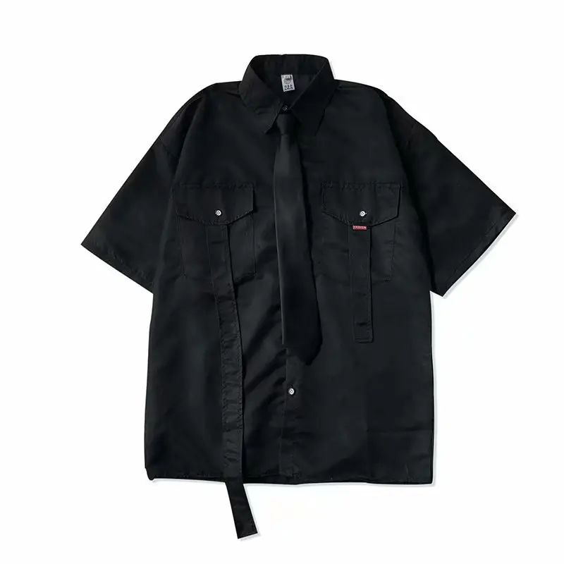 Men's Black Tie Short Sleeve Shirt Hong Kong Style - Image 5
