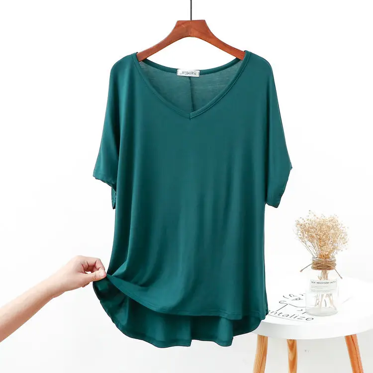 Green V-Neck T-Shirt Plus Size Spring Summer
