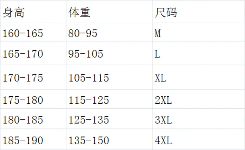 T尺码表