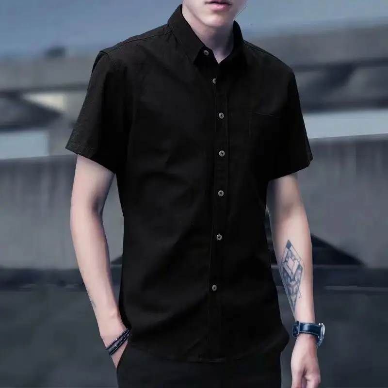Men Black Short Sleeve Button Down Shirt - Image 10