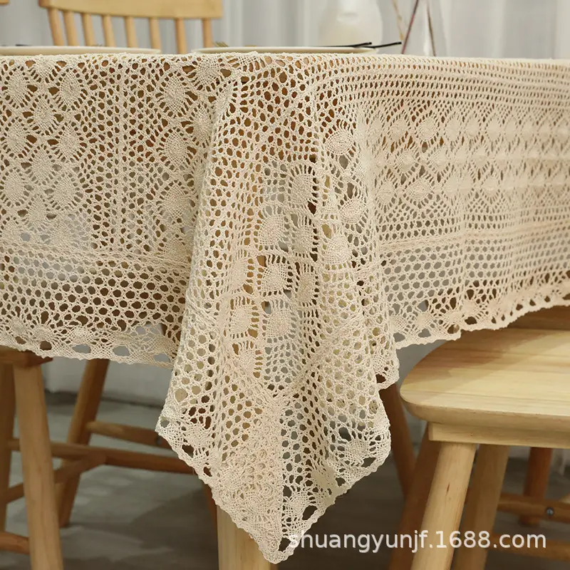 Double-Tone Cotton Crochet Tablecloth Rectangular Table Cover Square Coffee Table Cloth Table Runner Modern Minimalist Style Non-Slip