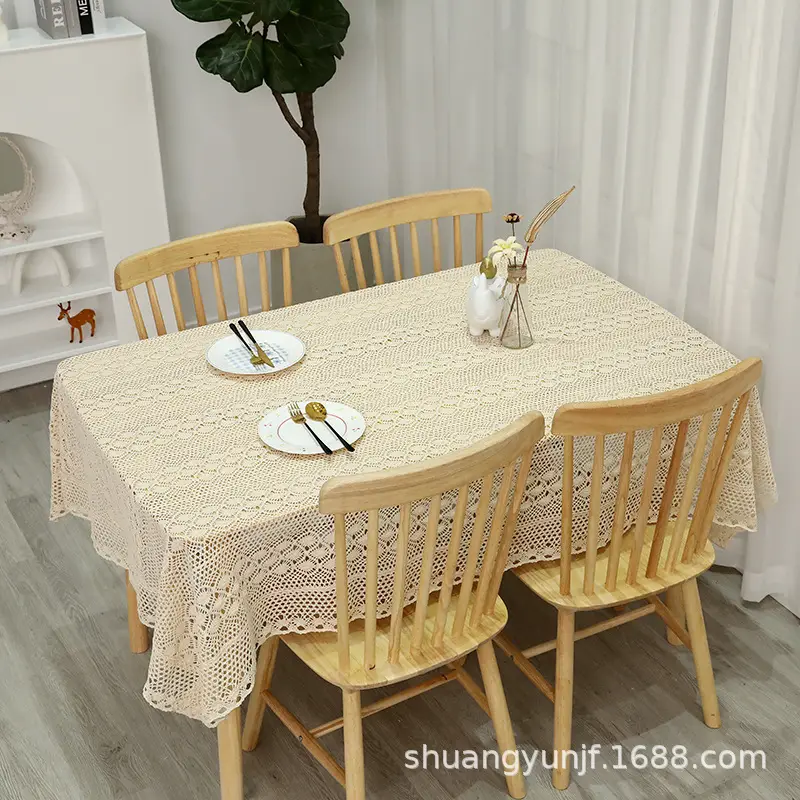 Double-Tone Cotton Crochet Tablecloth Rectangular Table Cover Square Coffee Table Cloth Table Runner Modern Minimalist Style Non-Slip