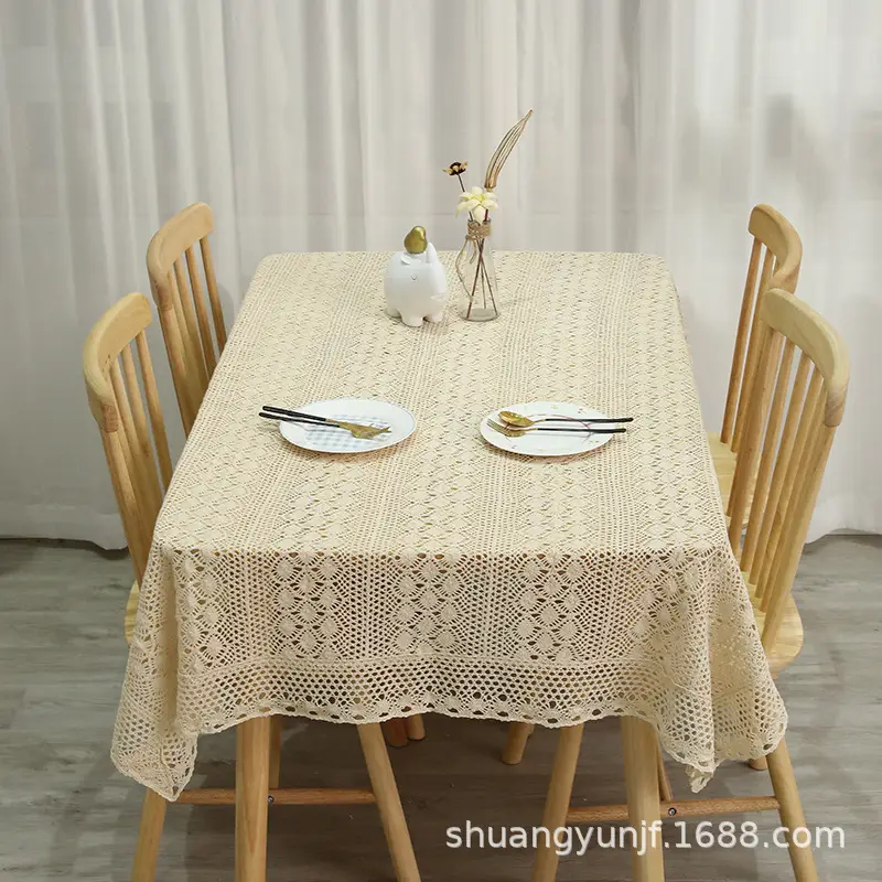Double-Tone Cotton Crochet Tablecloth Rectangular Table Cover Square Coffee Table Cloth Table Runner Modern Minimalist Style Non-Slip