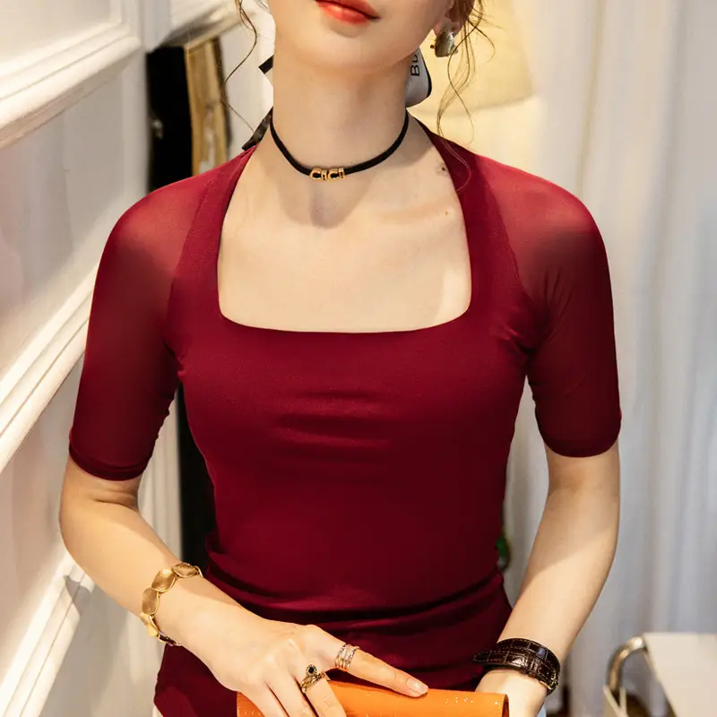Maroon Mesh Sleeve Top with Square Collar