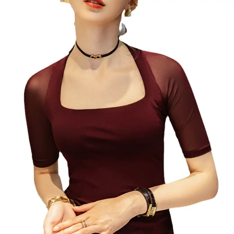 Maroon Mesh Sleeve Top with Square Collar