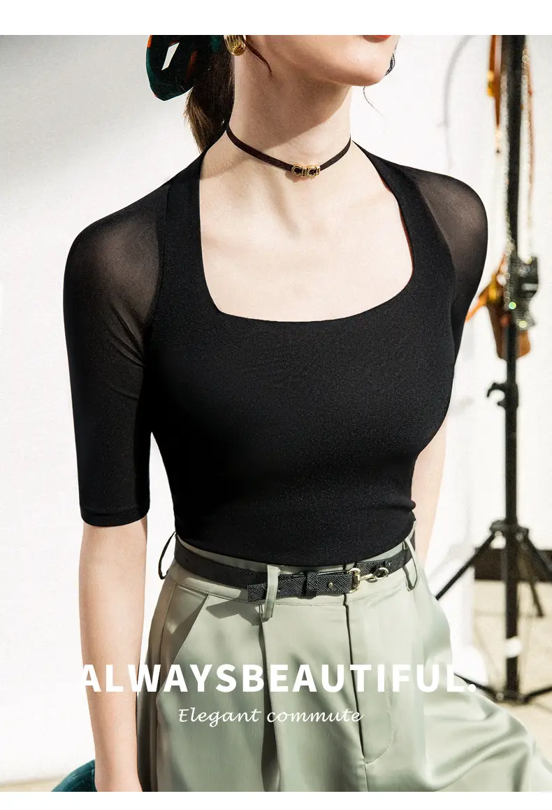 Maroon Mesh Sleeve Top with Square Collar — feature 1