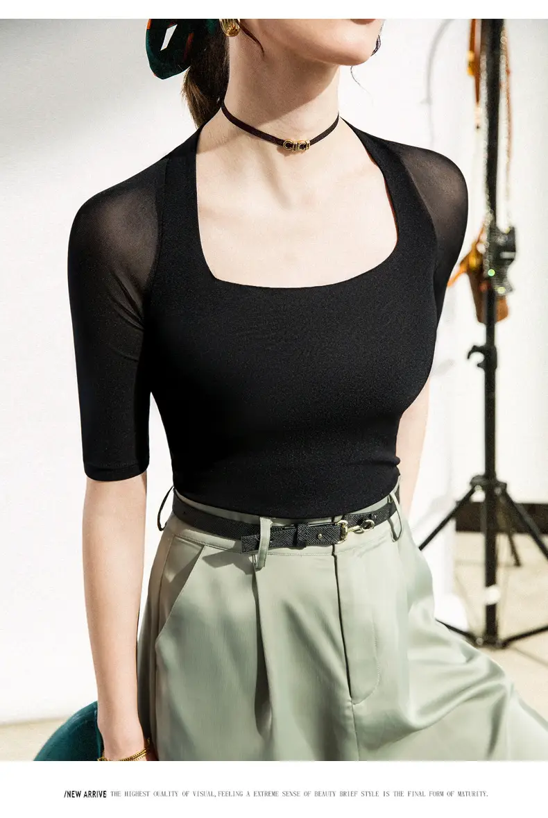 Maroon Mesh Sleeve Top with Square Collar — feature 10