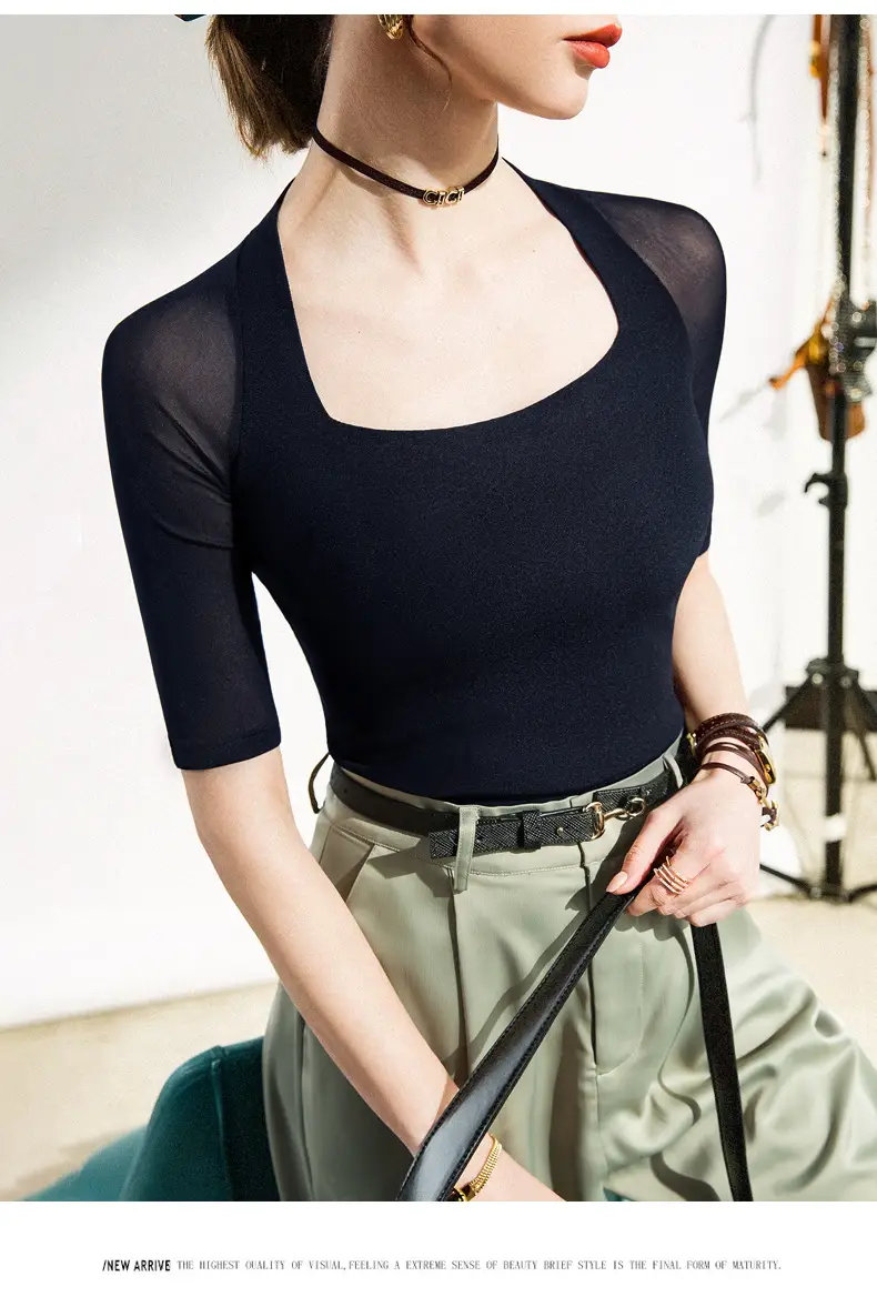 Maroon Mesh Sleeve Top with Square Collar — feature 12