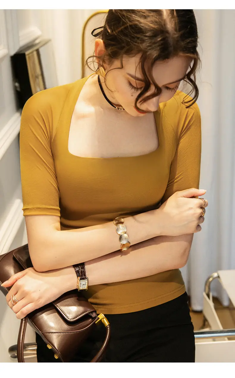 Maroon Mesh Sleeve Top with Square Collar — feature 15
