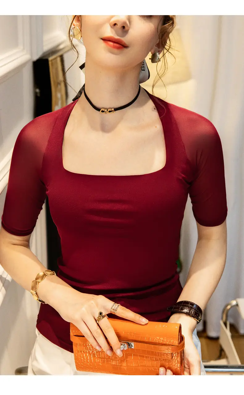 Maroon Mesh Sleeve Top with Square Collar — feature 19