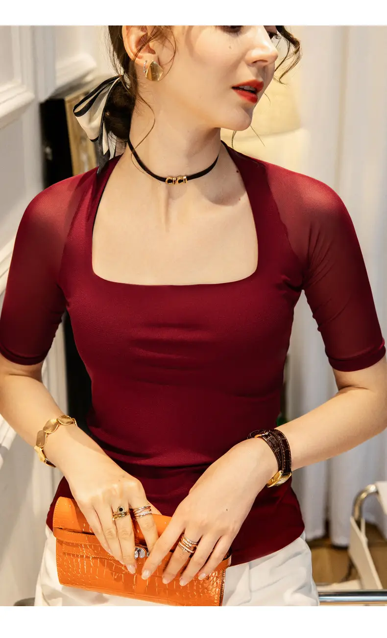 Maroon Mesh Sleeve Top with Square Collar — feature 20