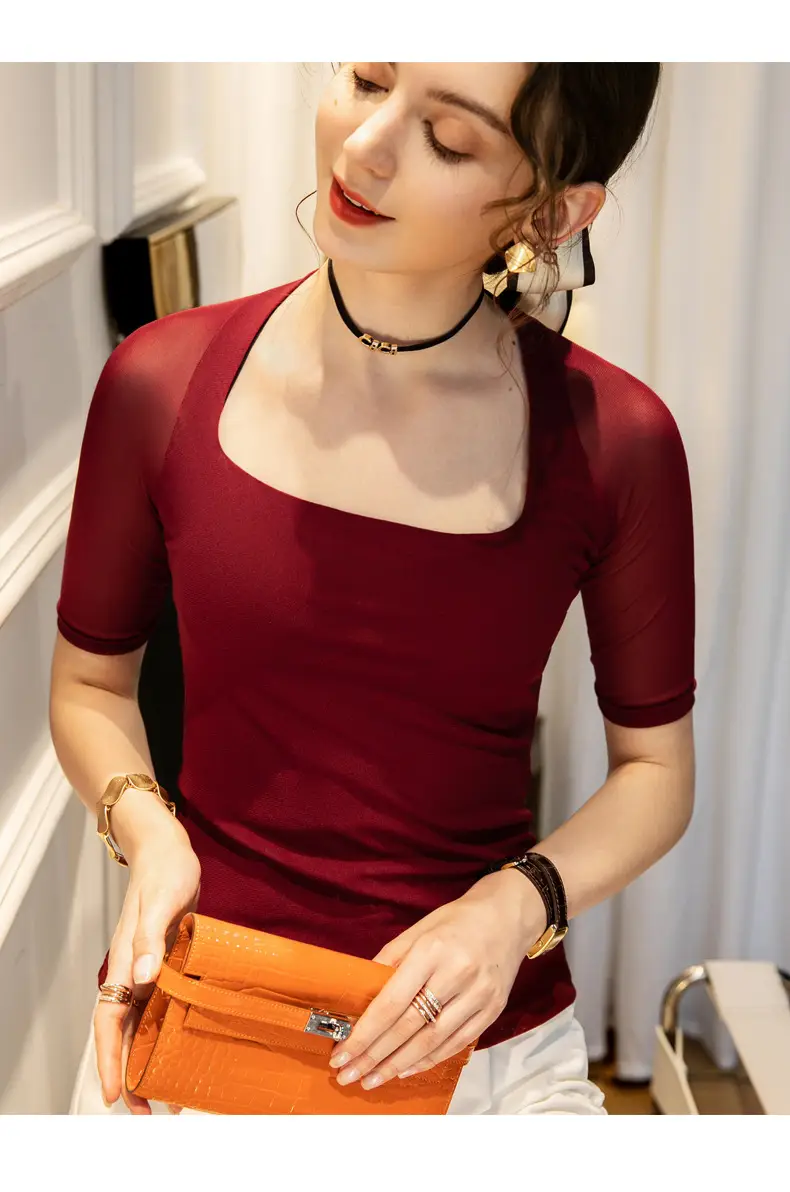 Maroon Mesh Sleeve Top with Square Collar — feature 21