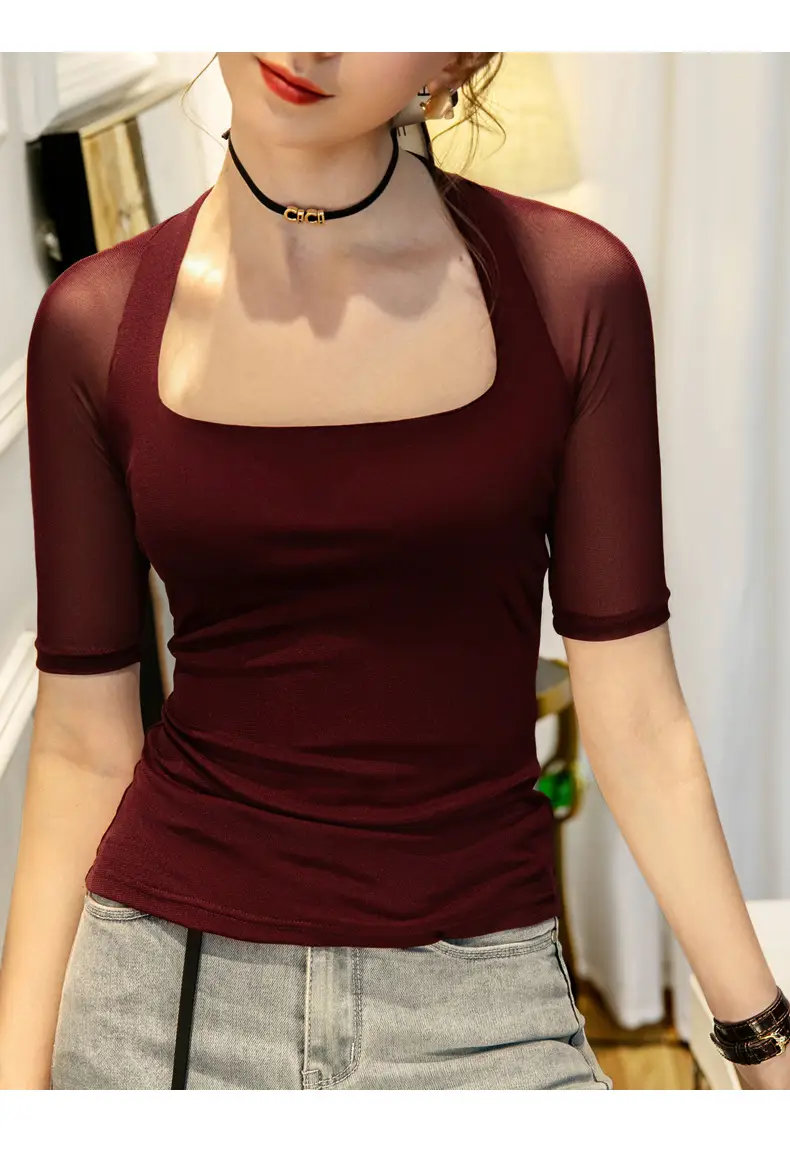 Maroon Mesh Sleeve Top with Square Collar — feature 27
