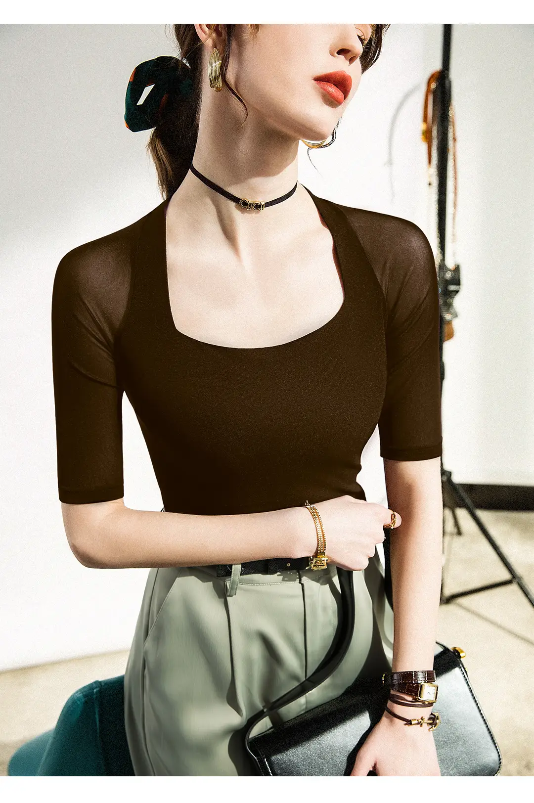 Maroon Mesh Sleeve Top with Square Collar — feature 29